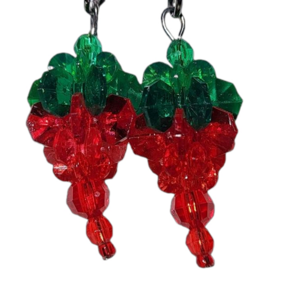 Handmade Beaded Red Hot Chili Pepper Pierced Earrings on French Wires - Picture 2 of 2